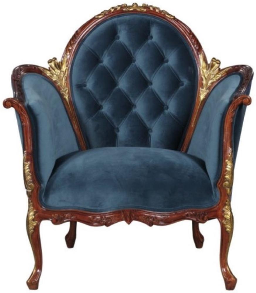 Casa Padrino Barock Salon Samt Sessel Blau / Braun / Messingfarben 86,5 x 71 x H. 94 cm - Barockmöbel Bild 1