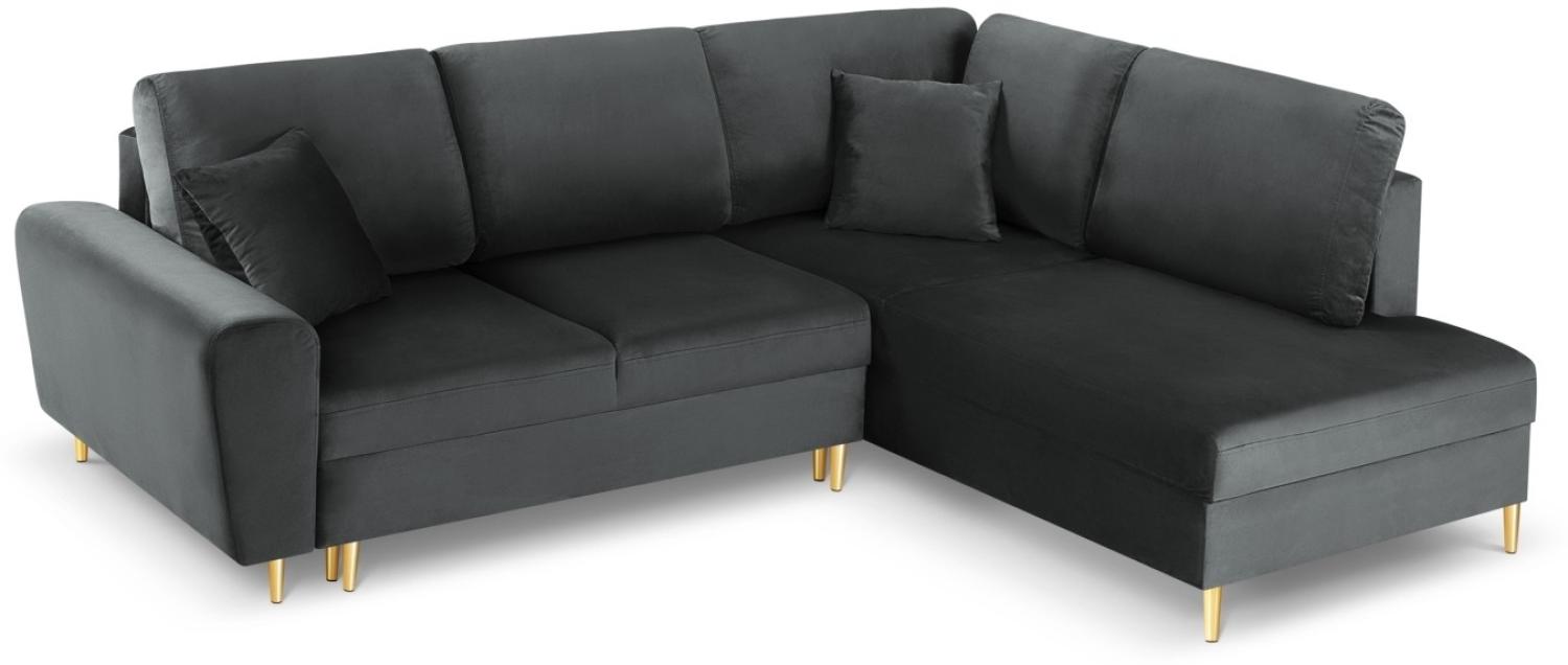 Micadoni 5-Sitzer Samtstoff Ecke rechts Sofa mit Bettfunktion und Box Moghan | Bezug Dark Grey | Beinfarbe Gold Metal Bild 1