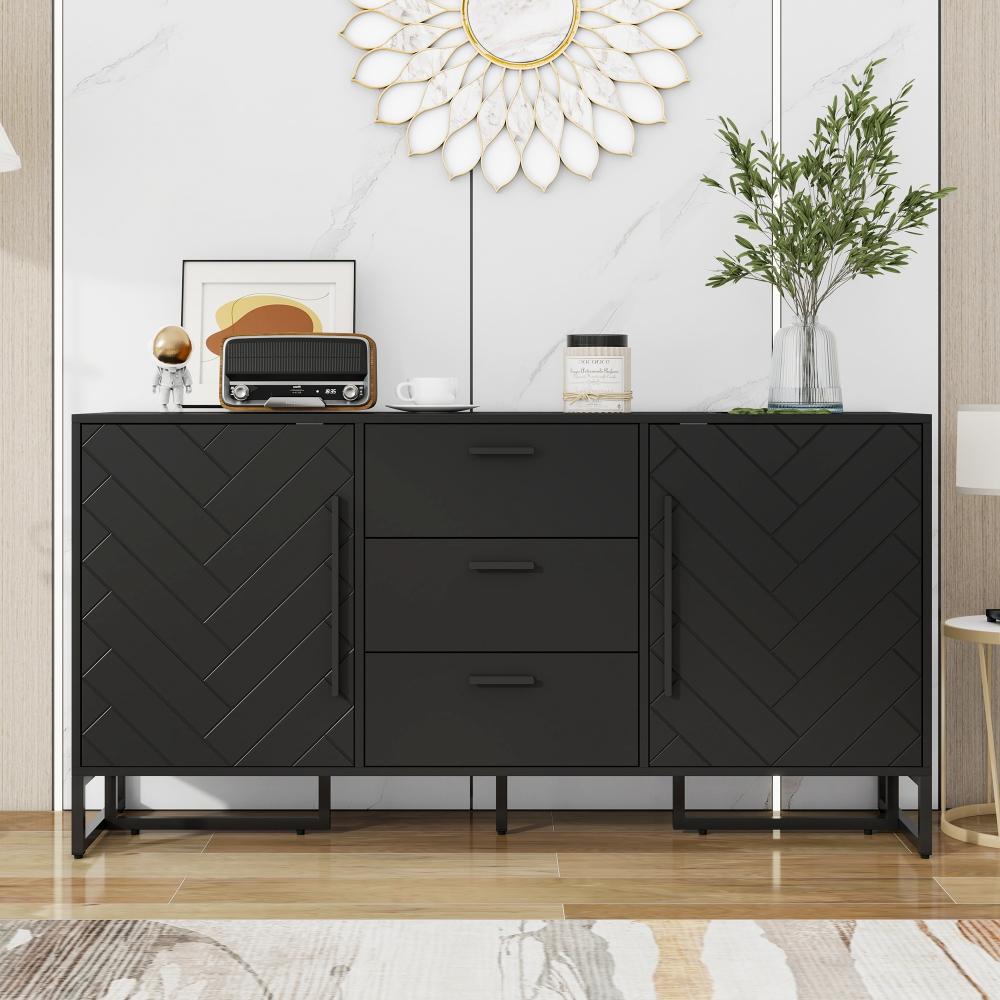 Merax Kommode, Schwarzes elegantes Sideboard mit Fischgrätenmuster, mit 2 Türen und 3 Schubladen für Esszimmer, Küche und Wohnzimmer Bild 1