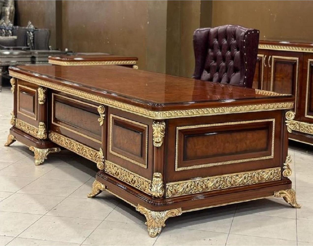 Casa Padrino Luxus Barock Büromöbel Set Bordeauxrot / Braun / Gold - 1 Barock Schreibtisch & 1 Barock Chesterfield Bürostuhl mit edlem Kunstleder - Prunkvolle Barock Büromöbel Bild 1