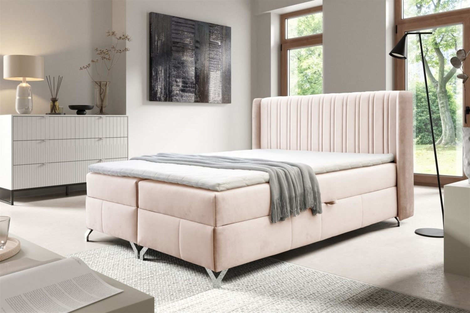 Boxspringbett Schlafzimmerbett DAMIEN 200x200 cm Stoff Salvador Creme Bild 1