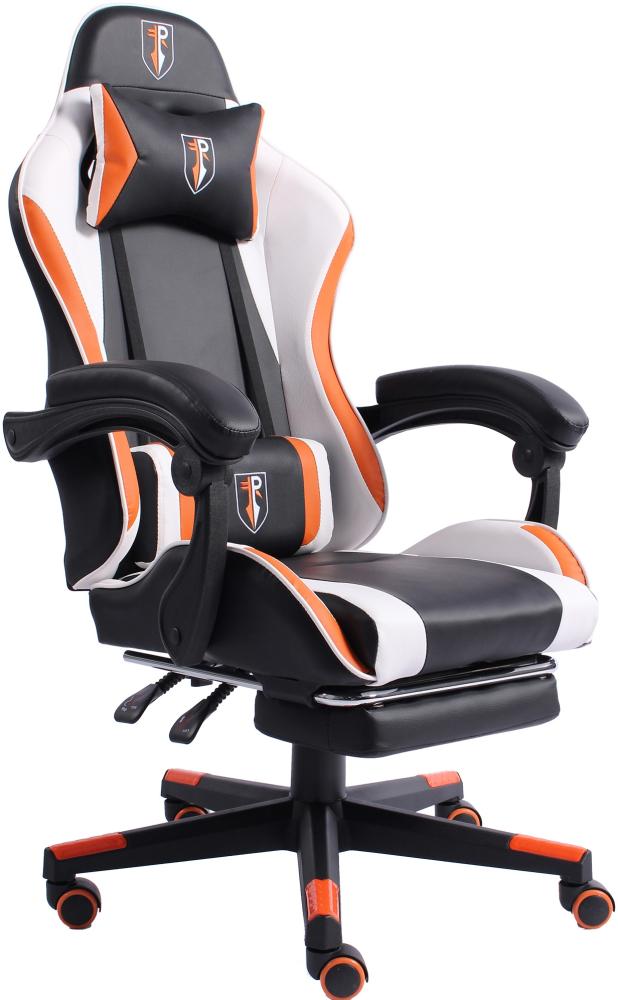 Gaming Chair im Racing-Design mit flexiblen gepolsterten Armlehnen - ergonomischer PC Gaming Stuhl in Lederoptik - Gaming Schreibtischstuhl mit ausziehbarer Fußstütze und extra Stützkissen Schwarz/Weiß-Orange Bild 1