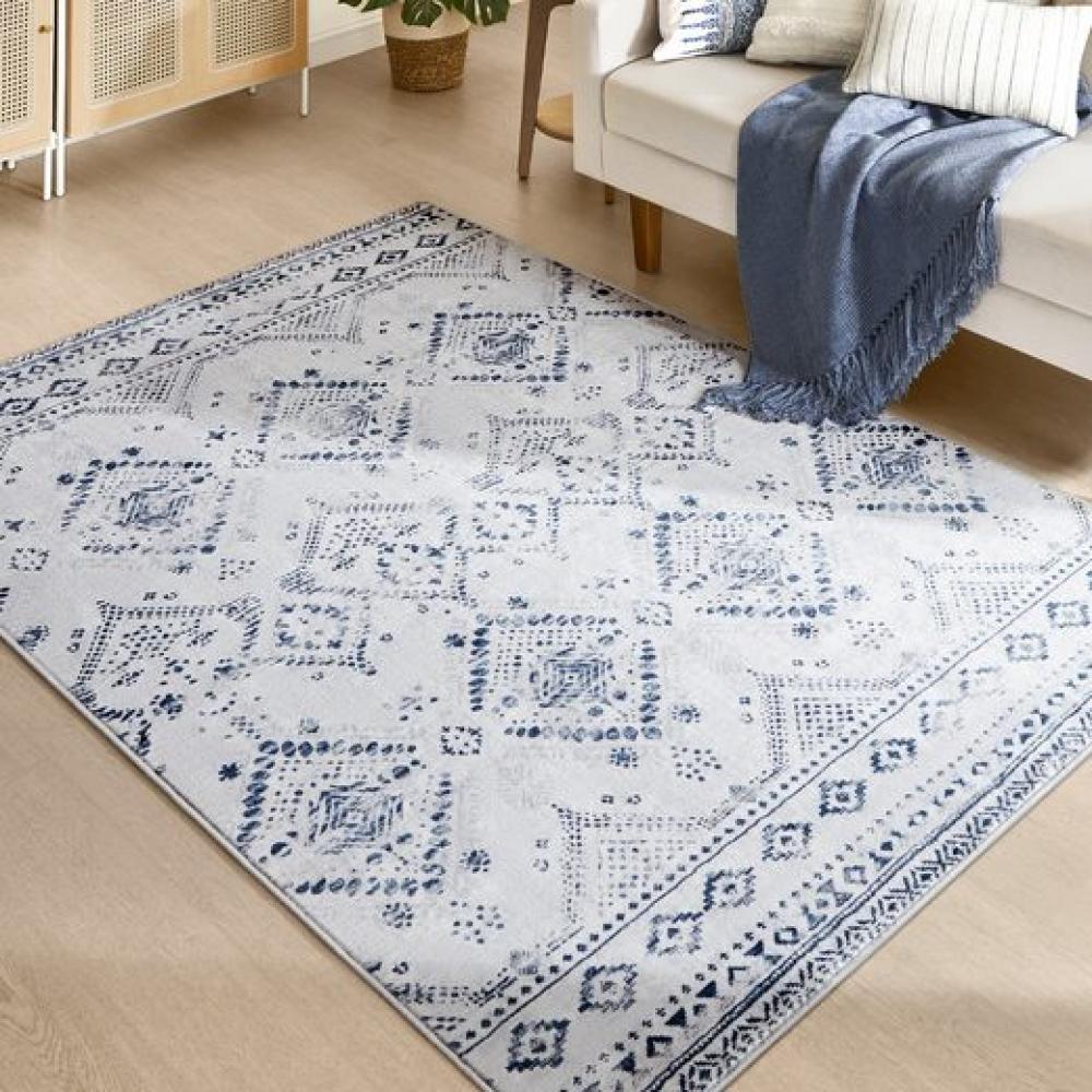 Songmics HOME Teppich, 153 x 214 cm, Wohnzimmerteppich, Rutschfester Teppich, flauschig, Dekoration, für Wohnzimmer, Schlafzimmer, maschinenwaschbar, Boho-Stil, mitternachtsblau Bild 1