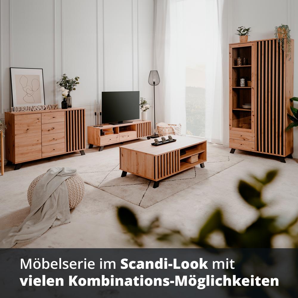 KHG Vitrine 2-türig inkl. Glastür & Schublade Scandi, Glasschrank aus Holzwerkstoff Eiche foliert für Wohnzimmer und Esszimmer, 92 x 199 x 40 cm (B/H/T) Bild 1