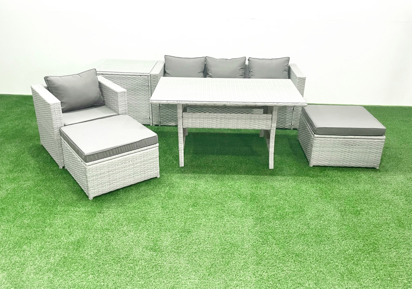 Fimous Polyrattan Gartenmöbel-Set Outdoor 6 Sitzer mit Glasplatte Esstisch und Beistelltisch Hellgrau gemischt Bild 1