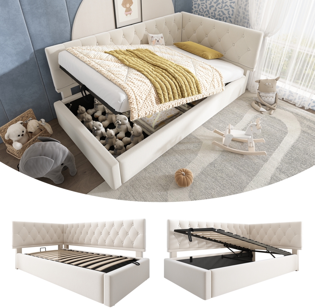 Polsterbett, Tagesbett Daybett Schlafsofa mit hydraulischem Stauraum Kinderbett Jugendbett Bettgestell mit Lattenrost, Samt, Beige, 90 x 190 cm Bild 1