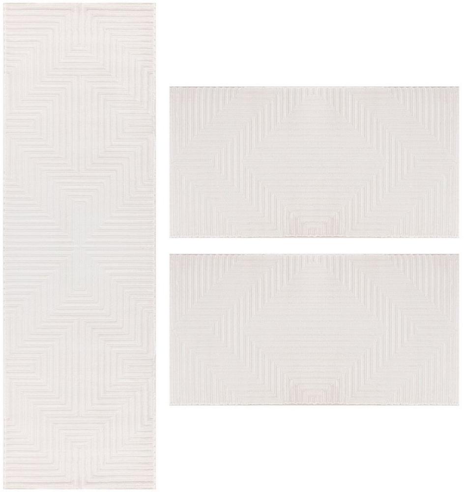 Teppium Teppich Geometrisch Design, Rechteckig, Höhe: 12 mm, Schlafzimmer Teppich Bettumrandung Läufer Set 3 teilig Creme-1 Bild 1
