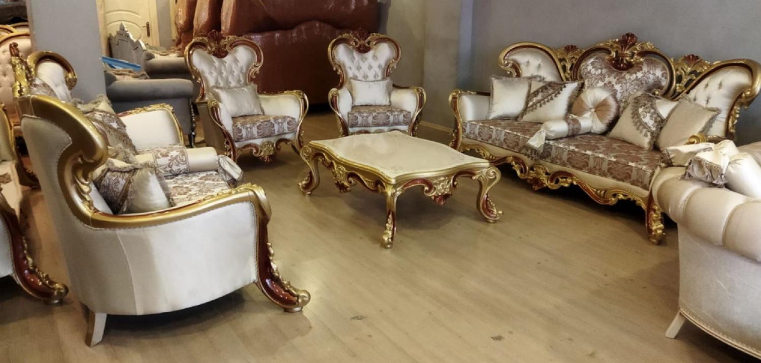 Casa Padrino Luxus Barock Wohnzimmer Set Creme / Silber / Gold / Braun - 2 Barock Sofas & 2 Barock Sessel & 1 Barock Couchtisch - Luxus Wohnzimmer Möbel im Barockstil - Barock Möbel Bild 1