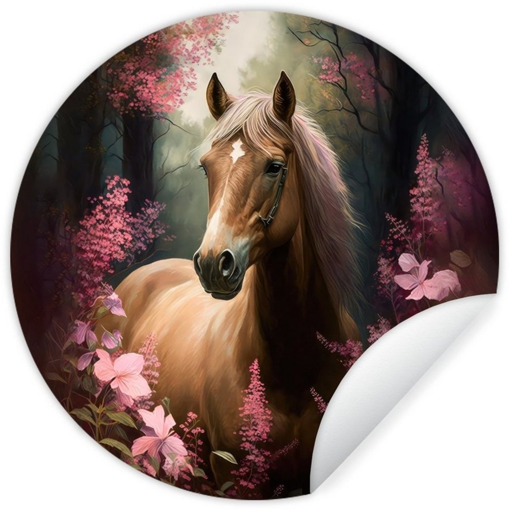 MuchoWow Wandsticker Pferd - Blumen - Rosa - Natur - Wald (1 St), Wandtattoo Selbstklebend, Wohnzimmer Deko Aufkleber, 30x30 cm Bild 1