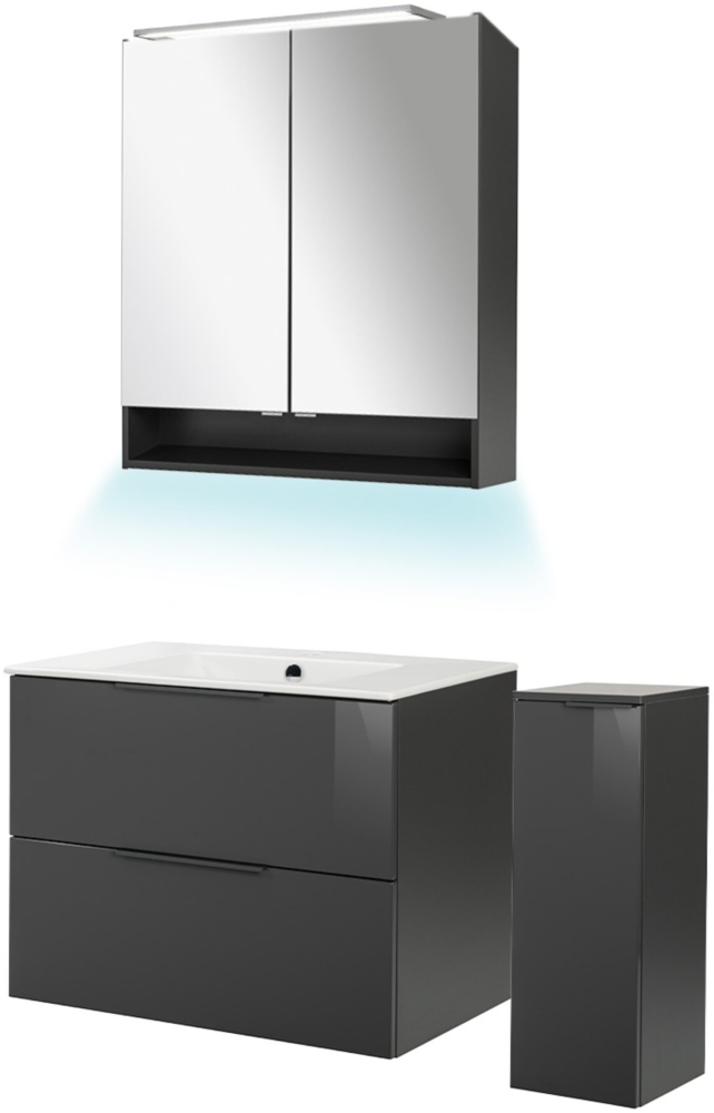 Fackelmann LUNA Badmöbel Set 5-teilig, 80 cm breit, Anthrazit, Keramik+Spiegelschrank+Midischrank Bild 1