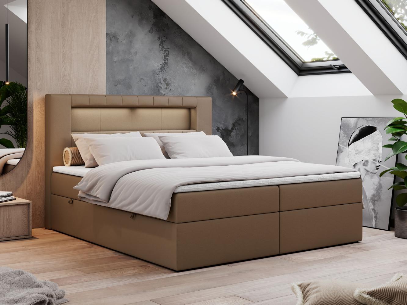 Boxspringbett - Polsterbett mit LED Kopfteil - GOLD-5 - 180x200cm - Braun Kunstleder - H3 Bild 1