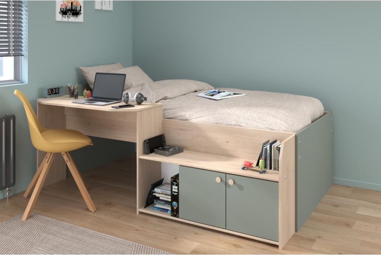 Vente-unique - Kombibett + Lattenrost + Matratze - 90 x 190/200 cm - Holzfarben & Grün - MIVONA Bild 1