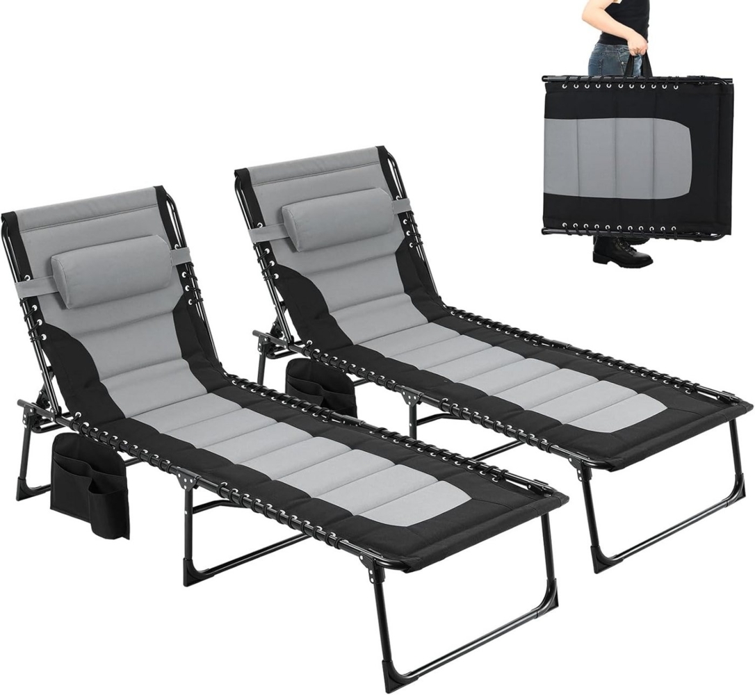 TLGREEN Gartenliege,XXL Sonnenliege klappbar,Gartenliege mit Kopfstütze, 199×66×35 cm Liegestuhl mit 5-Fach Verstellbarer Rückenlehne, 2 St, extra Große Gartenliege bis 150 kg, Strandliege, Relaxliege, Campingliege, Liege für Outdoor Bild 1