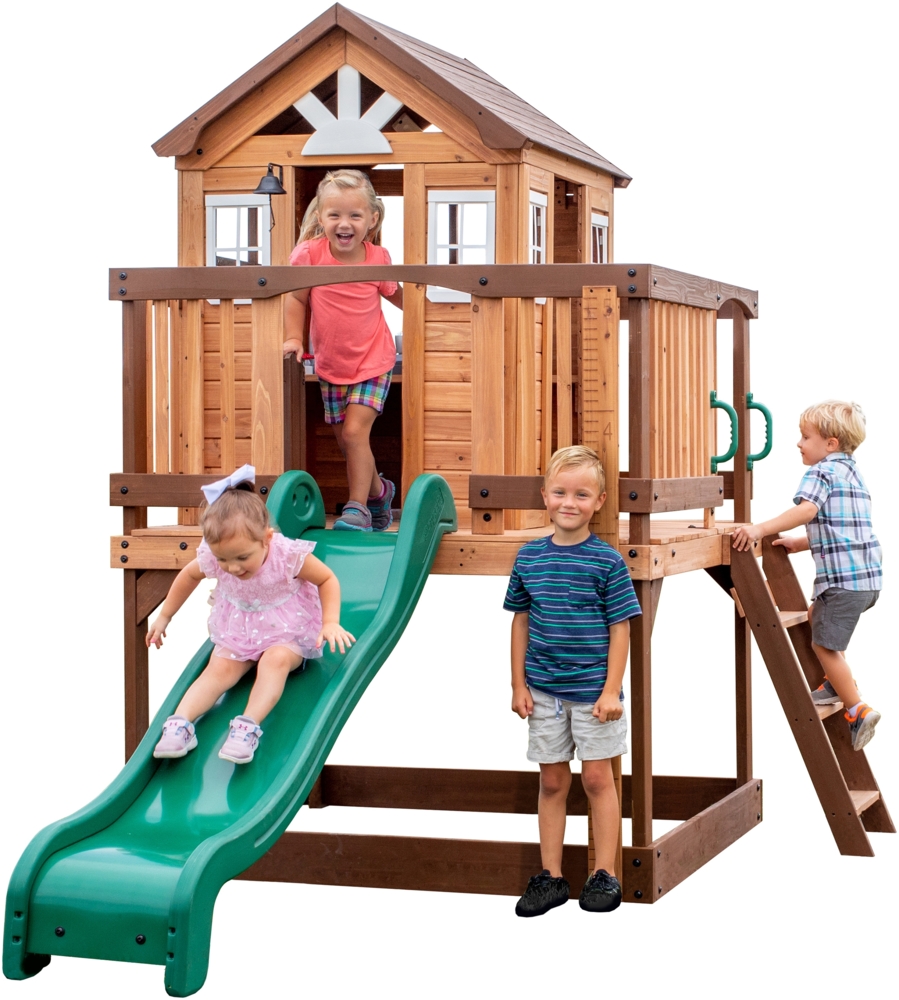 Backyard Discovery Spielhaus Echo Heights mit grüner Rutsche, Sandkasten & Veranda Stelzenhaus in Braun aus Holz für Kinder | Braun, grün | Holz | 310 cm Bild 1