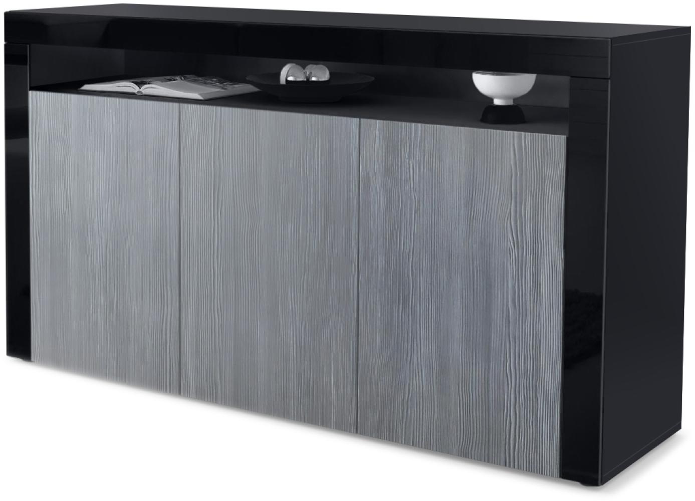 Vladon Sideboard Valencia, Kommode mit 3 Türen und 1 offenem Fach, Schwarz matt/Avola-Anthrazit/Schwarz Hochglanz (155 x 92 x 40 cm) Bild 1