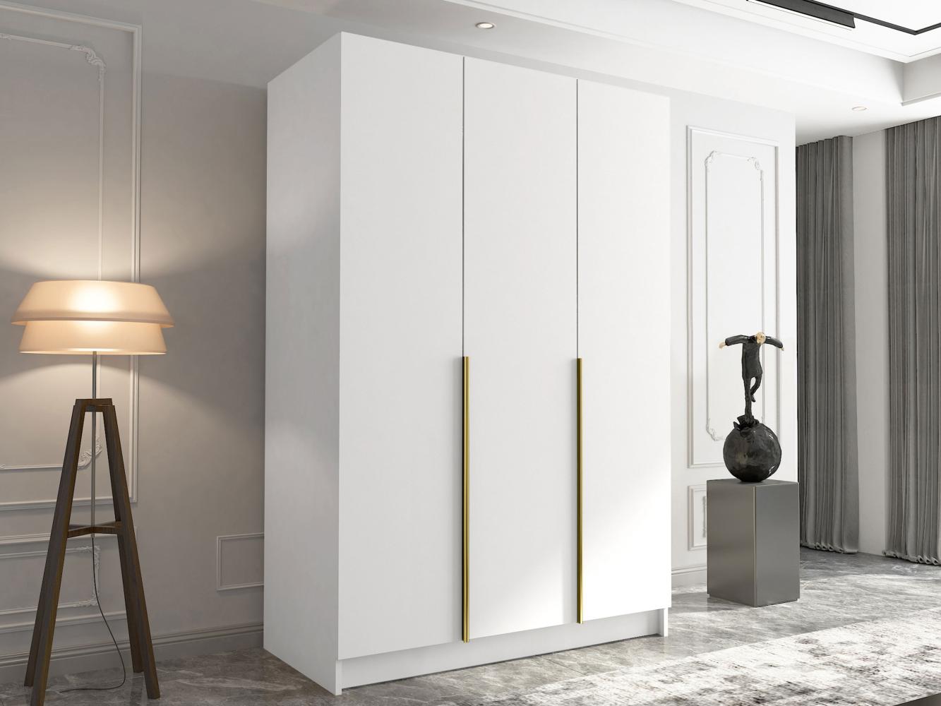 Drehtürenschrank Cikzori I, Kleiderschrank mit 3 Türen (Farbe: Weiß / Weiß + Gold) Bild 1