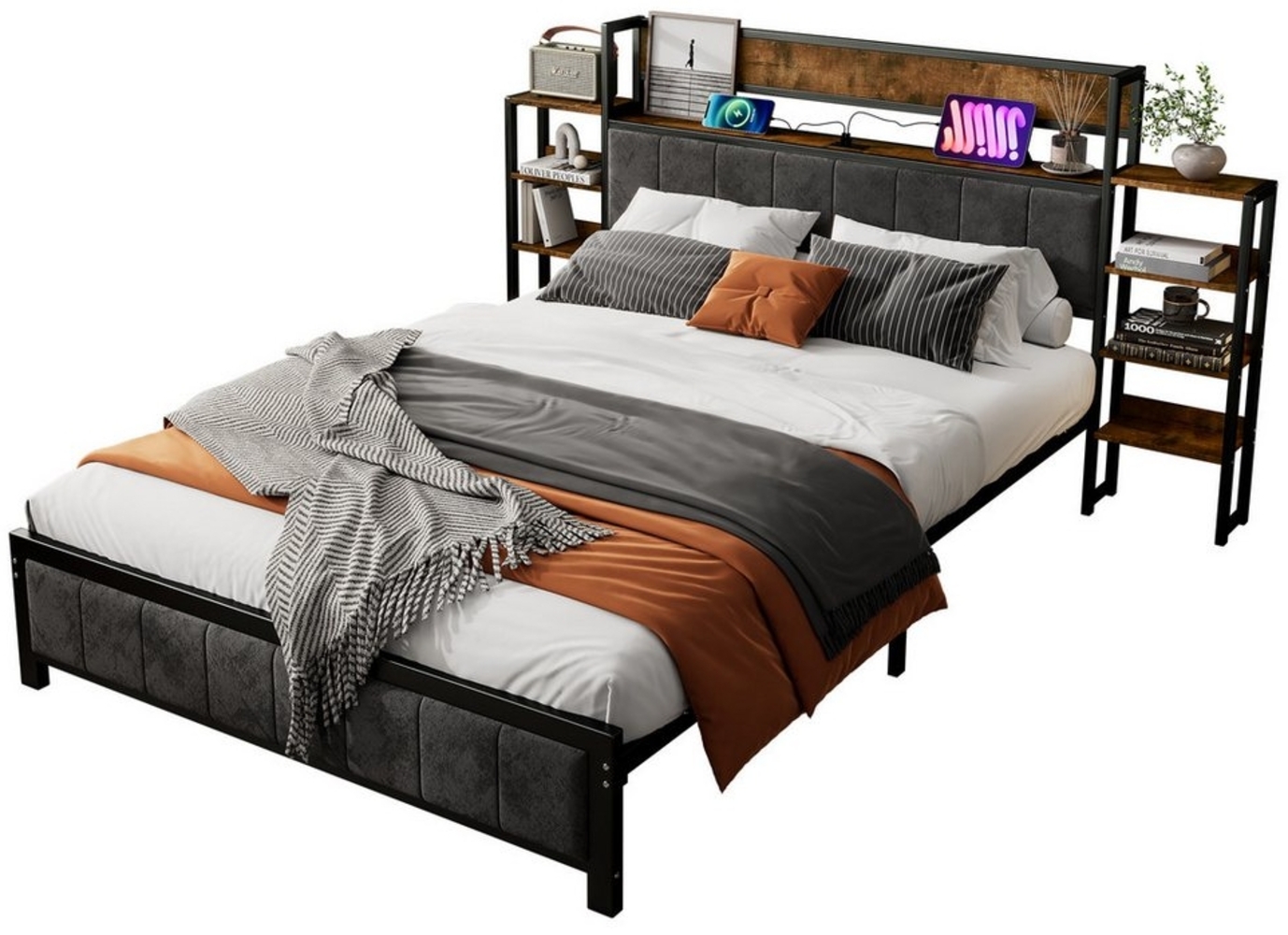 HAUSS SPLOE Metallbett 140x200cm Kopfteil mit Regal, 3 usb-anschlüsse, Metallrahmen, Schwarz Bild 1