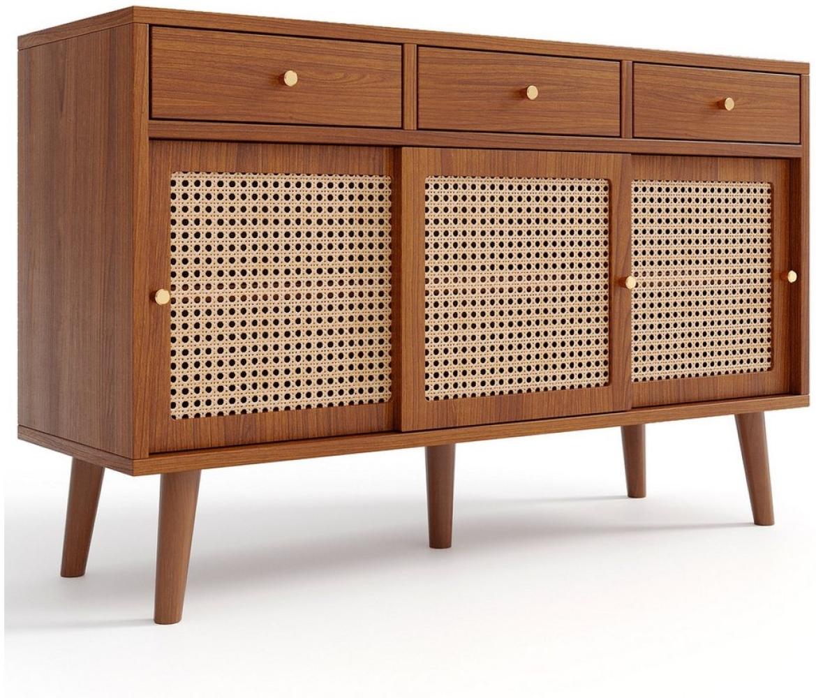 YNOFIT Sideboard Kommode mit 3 Schubladen und 3 Schiebetüren, Rattangeflecht auf den Türfronten, Golden Metall Bügelgriff Bild 1