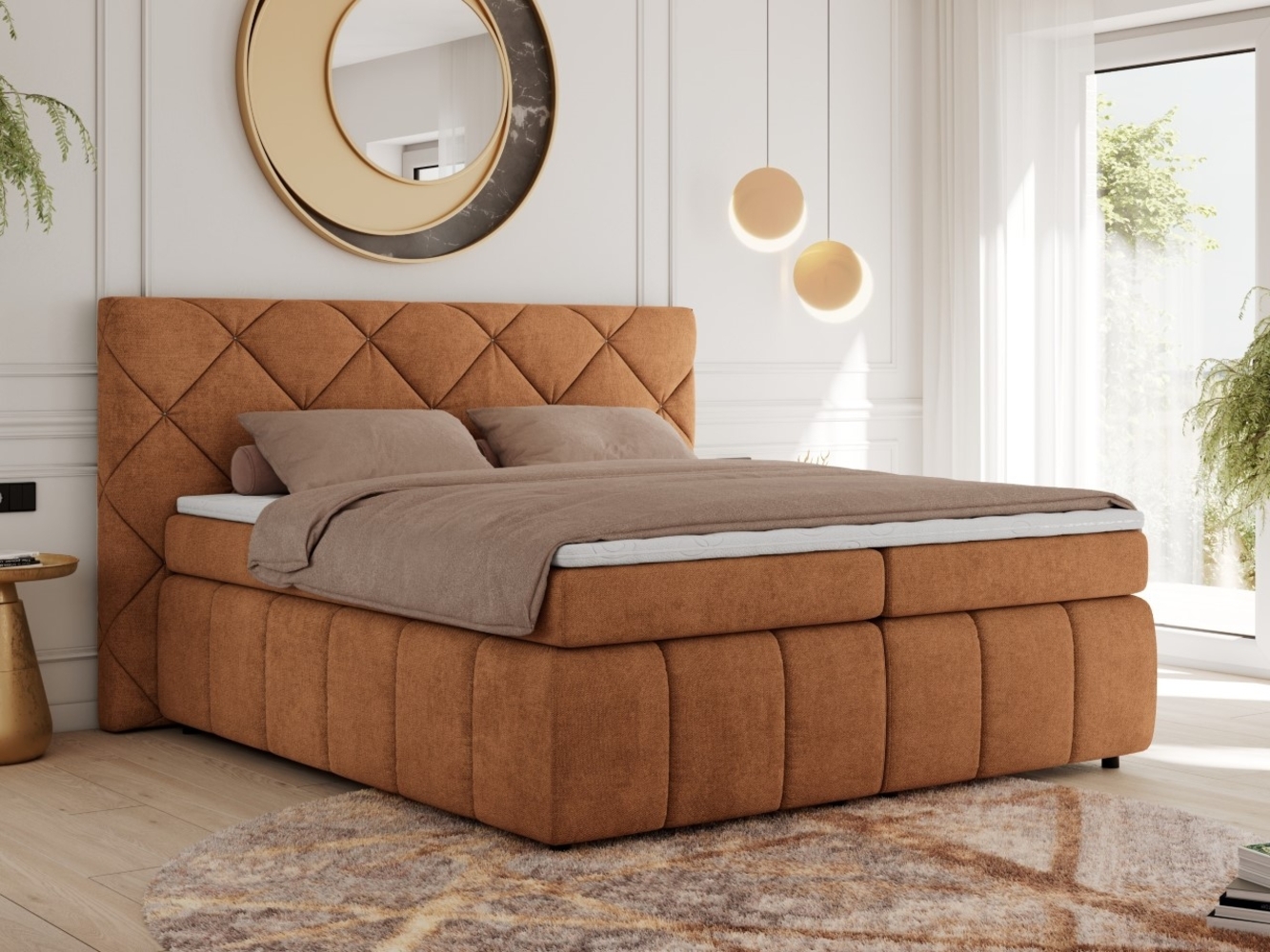 Boxspringbett, Doppelbett, Polsterbett mit Matratzen und Kopfteil - RITA - 160 x 200 cm - Orange Struktur - H3 Bild 1