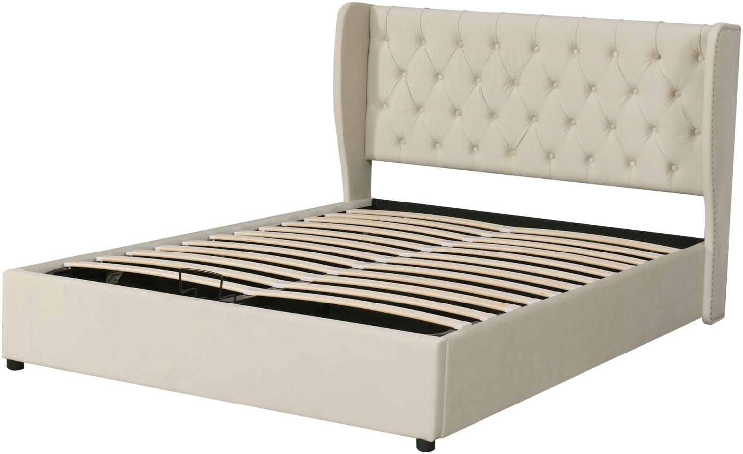 Merax Polsterbett, Staumraumbett Doppelbett Kiefernholz Flanell 140*200cm, beige Bild 1