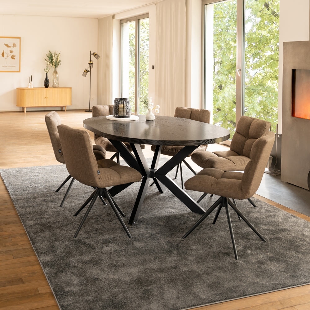 HOME DELUXE Essgruppe Rund Ausziehbar AVENTURA inkl. Sternfuß - 120-160 x 120 cm Dark Oak 6 Stühle Grau Bild 1