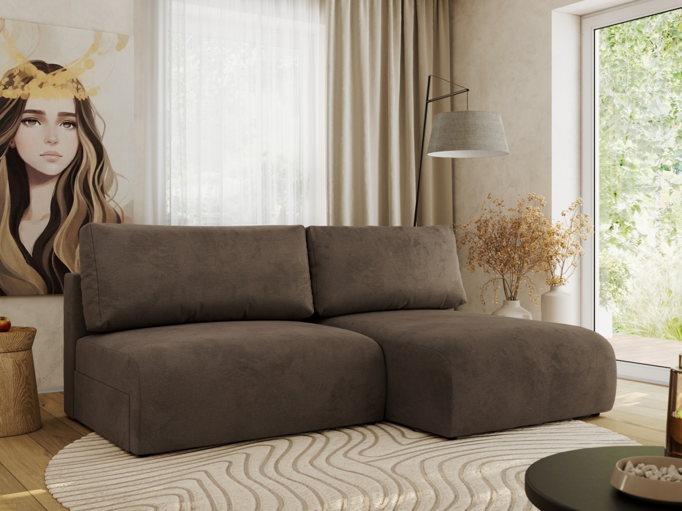 Ecksofa mit Schlaffunktion, lockere Kissen, Wohnzimmerecke mit L-förmigem und Bettkästen, Wellenfeder auf dem Sitz - VIVO - Braun Velours - rechte Seite Bild 1