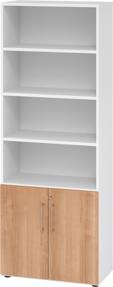 bümö Aktenregal & Schrank abschließbar, Büroschrank Regal Kombination Holz 80cm breit in Weiß/Nussbaum - abschließbarer Schrank für's Büro & Arbeitszimmer, Büro Möbel Ordnerschrank, 968T2-W-N-BS Bild 1