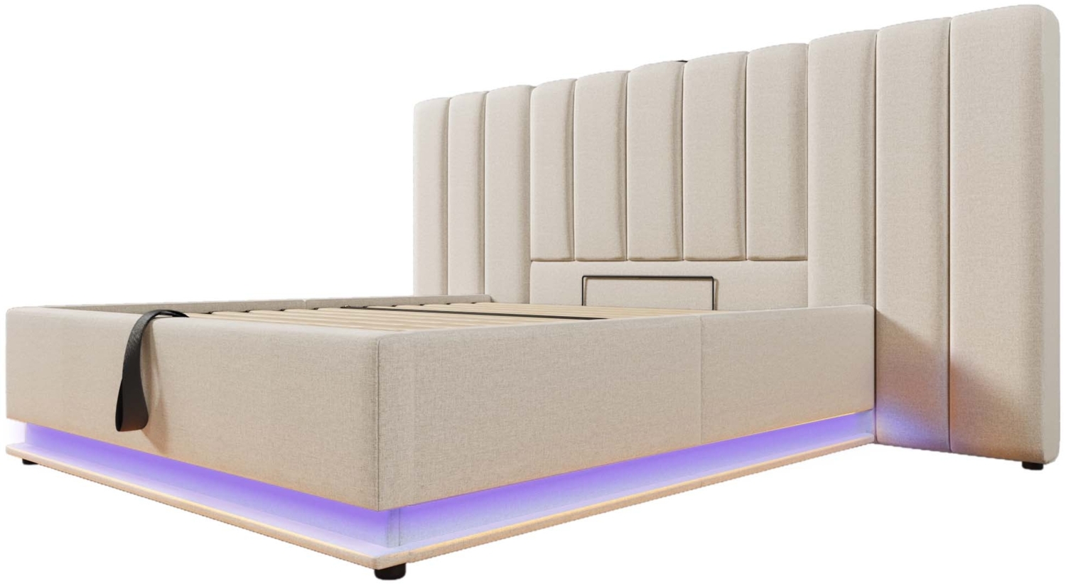 Polsterbett 180x200 cm, Leinenbezug, hydraulischer Bettkasten mit 360° LED und USB‑Typ‑C Ladefunktion,Beige Bild 1