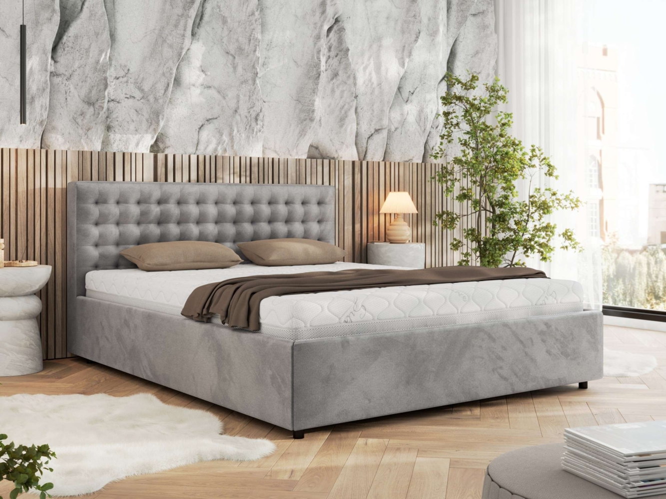 Polsterbett mit Holzlattenrost Doppelbett PAVO CLASSIC, hohe Kopfteil, Bettkasten mit Gasdruckfeder - 160x200 cm - Hellgrau Velvet Bild 1