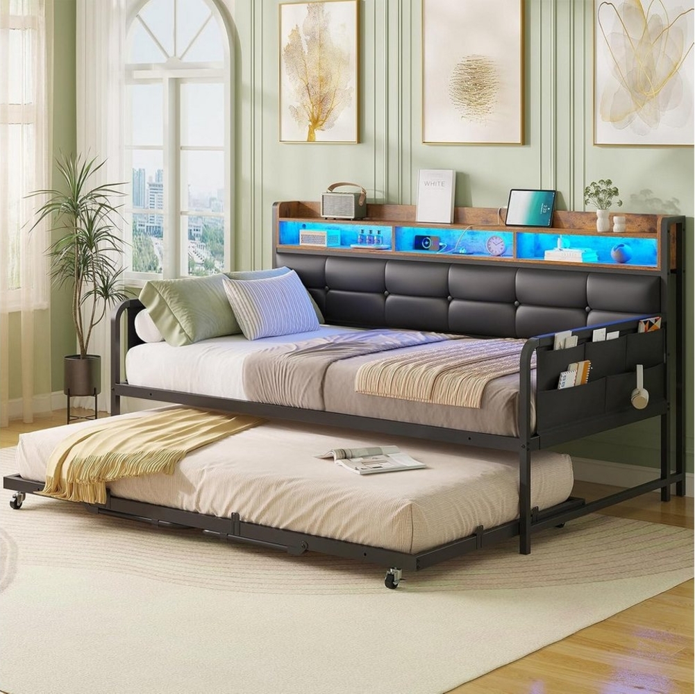 MSMASK Daybett Tagesbett mit Steckdosen & LED-Beleuchtung, Sofabett mit Ausziehbett, 90x200 cm/180x200 cm, PU Schwarz Bild 1