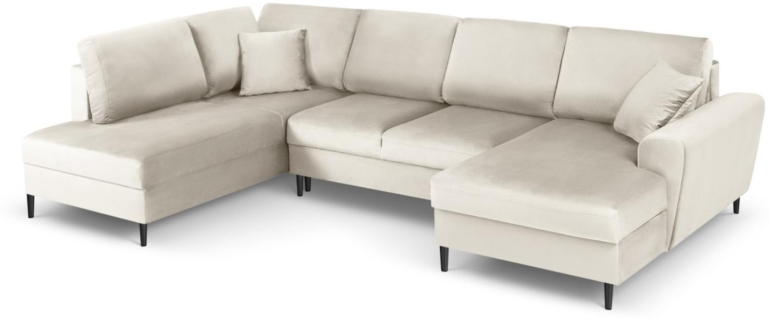 Micadoni 7-Sitzer Samtstoff Panorama Sofa Links mit Box und Schlaffunktion Moghan | Bezug Light Beige | Beinfarbe Black. Bild 1