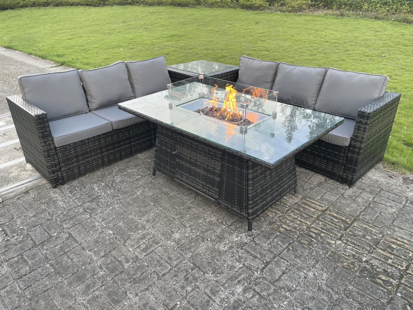 Fimous Outdoor Rattan Gartenmöbel Gas Feuerstelle Esstisch Sets Gartensofa Sitzgruppe Beistelltisch Dunkelgrau Gemischt 6 Sitzer Bild 1