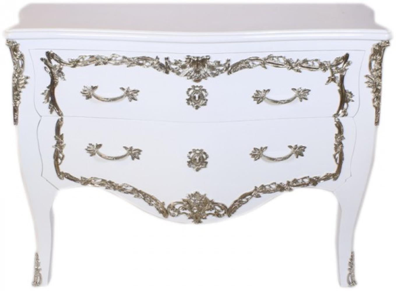 Casa Padrino Barock Kommode Weiß Hochglanz / Silber 130 cm - Handgefertigt aus Massivholz Bild 1