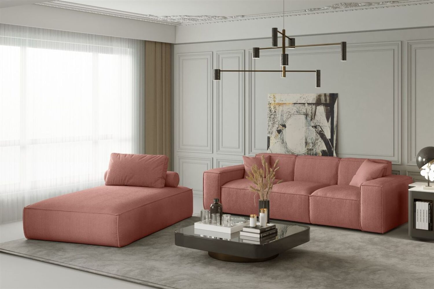 Sofa Set 2-teilig Sezlong und Sofa 3-Sitzer CELES in Stoff Scala Koralle Bild 1