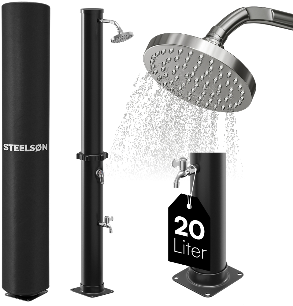STEELSØN 'Velion' Solardusche 20 Liter, schwarz, warmes Wasser bis 60°C, schwankender Regenduschkopf und Wasserhahn, inkl. Schutzhaube Bild 1
