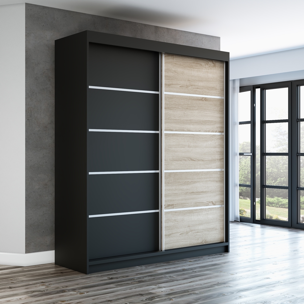 Schwebetrenschrank TREND 2-trig Schrank 180 cm (mit Spiegel) Farbe: Schwarz, sonoma Bild 1