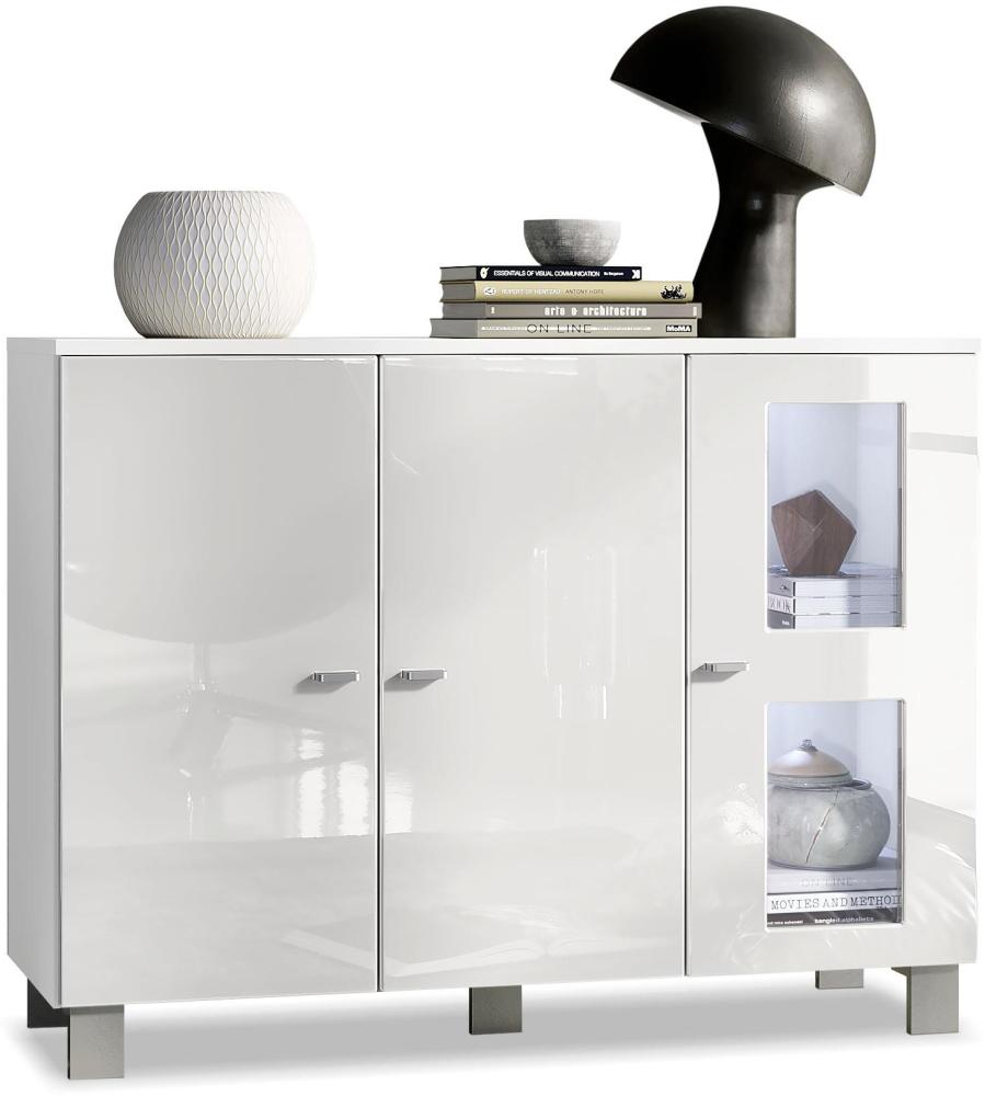 Vladon Sideboard Denjo, Kommode mit 3 Türen, Weiß matt/Weiß Hochglanz, inkl. LED-Beleuchtung (107 x 81 x 35 cm) Bild 1