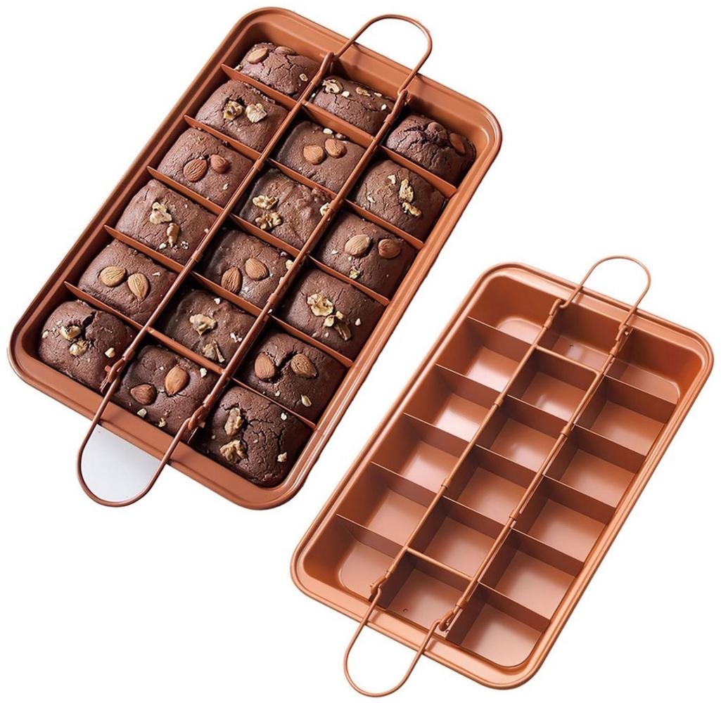 HEYHIPPO Backblech Antihaft Brownie Backform 20×31cm–Rechteckige Kuchenform Carbonstahl, (2er-Pack, Rechteck + Trennwand), Herausnehmbare Trennwand 18 Brownie-Stücke Kein Schneiden nötig Bild 1