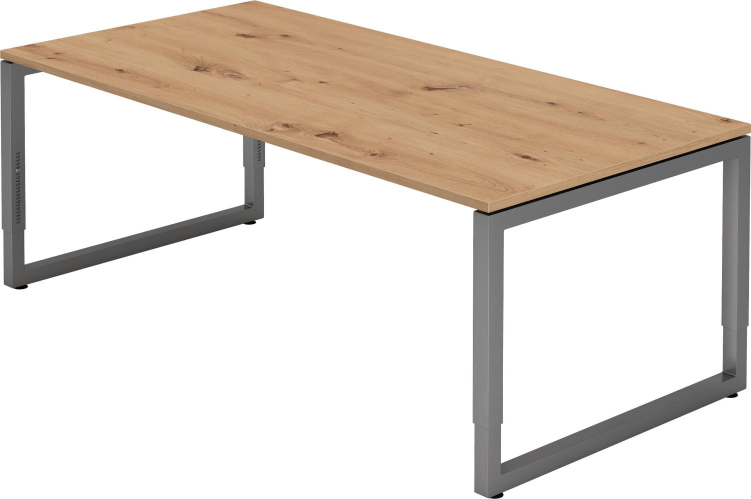 bümö höhenverstellbarer Schreibtisch R-Serie 200x100 cm in Asteiche, Gestell in Graphit - großer PC Tisch für's Büro manuell höhenverstellbar, Computertisch verstellbar, RS-2E-R-G Bild 1