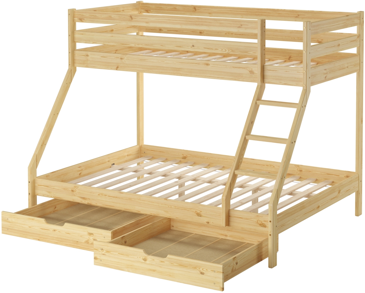 Doppel-Etagenbett 140x200 und 90x200 Erwachsenen-Stockbett Kiefer, Rollrost und Doppelbettkasten inkl. Bild 1