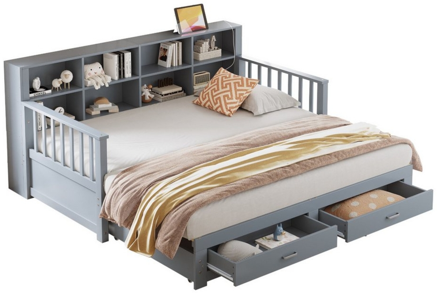 MODFU Schlafsofa Multifunktionales Zwei-in-Eins-Tagesbett, Daybett 90/180x190 cm aus Massivholz mit Ausziehfunktion, Stauraum in Rückenlehne, Steckdose, 2 Schubladen und Lattenrost, ohne Matratze Bild 1