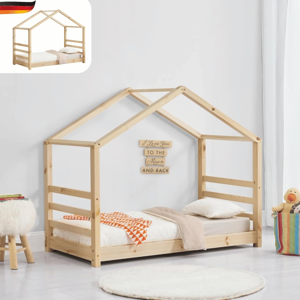 DELUKE® Kinderbett KLIO - mit Lattenrost Kiefernholz Haus-Optik Einzelbett aus Holz Hausbett Kinderzimmer Bodenbett Montessori Bett Braun 80x160 cm Bild 1