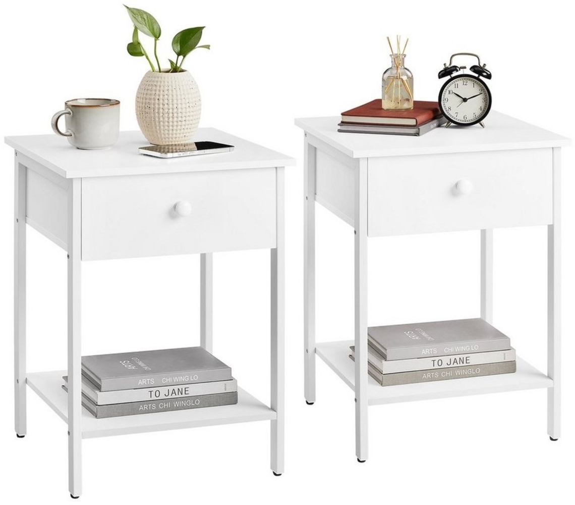 Vasagle Nachttisch, 2er Set, Nachtkommode, Beistelltisch mit Schublade und Ablage, 40 x 40 x 55 cm, Schlafzimmer, Wohnzimmer, Stahlrahmen, einfacher Aufbau, mattweiß LETDE506W14 Bild 1