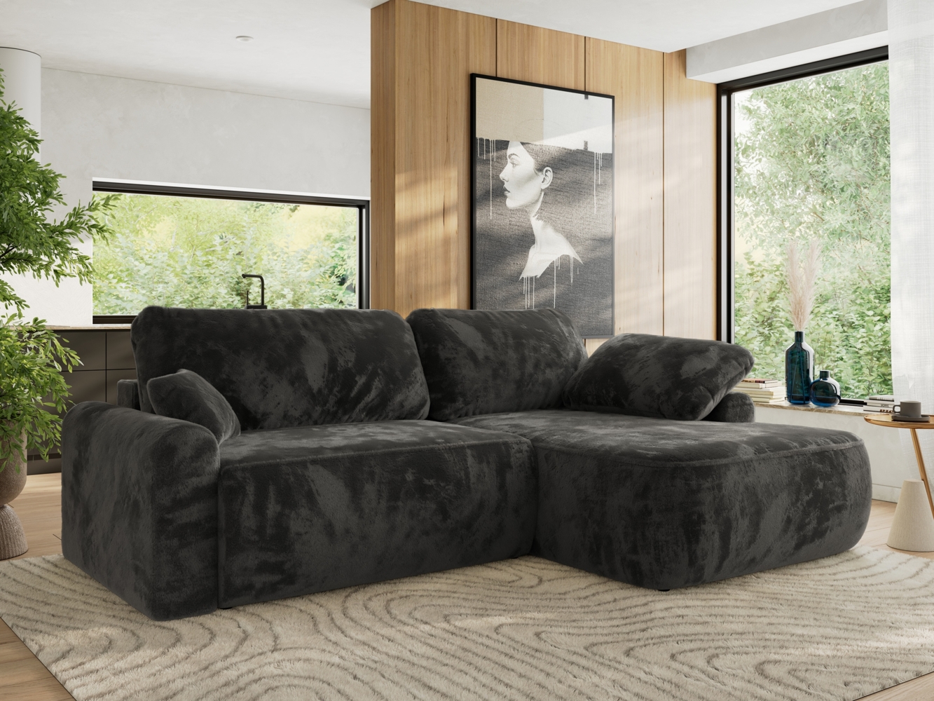 Ecksofa, L-förmiges, lose Kissen, DL-Schlaffunktion, (H 100 x T 187 x B 273 cm) - CUBO L - Plüsch Dunkelgrau - rechte Seite Bild 1