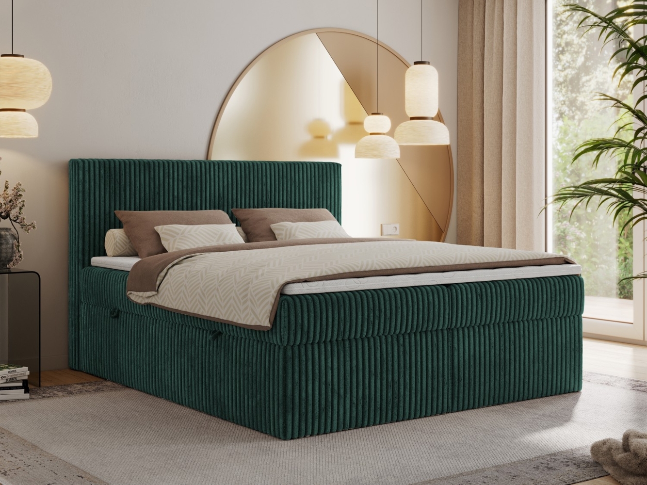 Boxspringbett mit Kopfteil und Topper, Cord Bett - TILIANO - 140 x 200 cm - Dunkelgrün Cord - H3 Bild 1