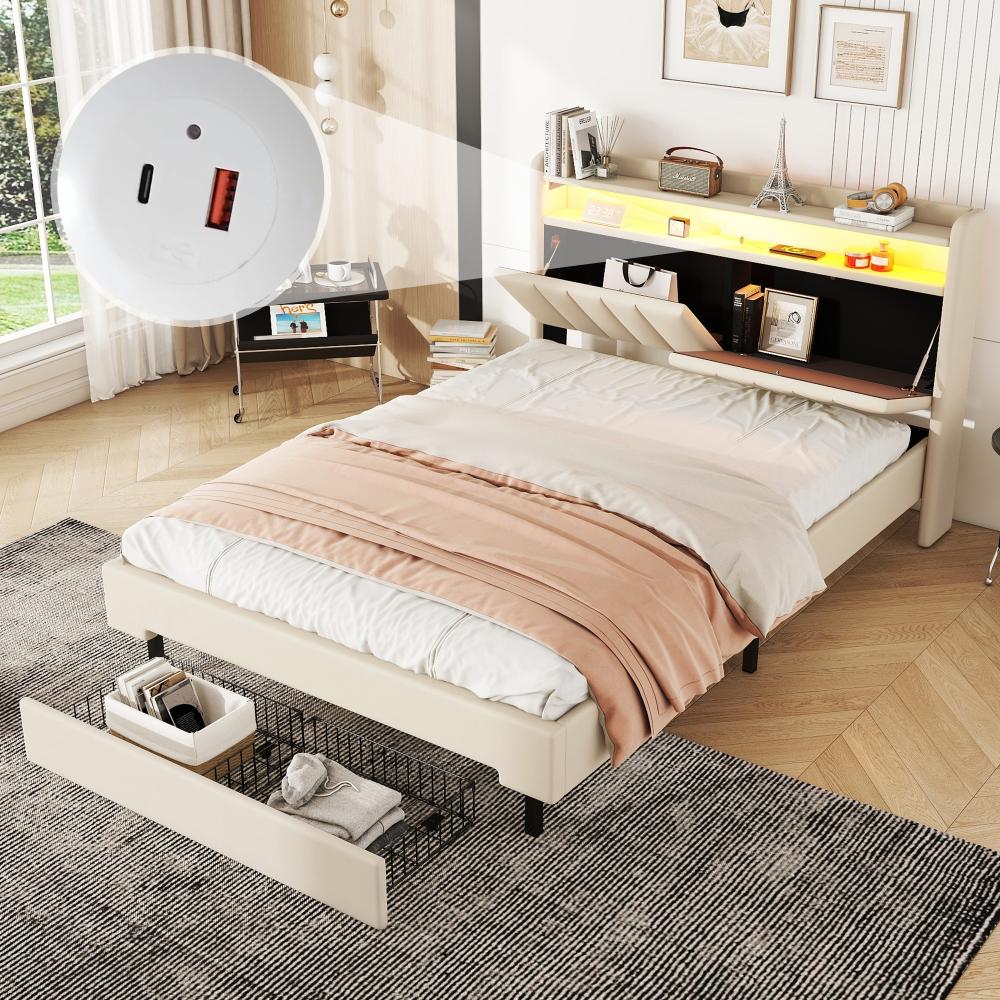 Merax 140*200cm Doppelbett, Polsterbett, LED-Wärmelampe, USB-Steckdose, aufklappbares Kopfteil, eingebautes Staufach, Bettkästen, Beige Bild 1