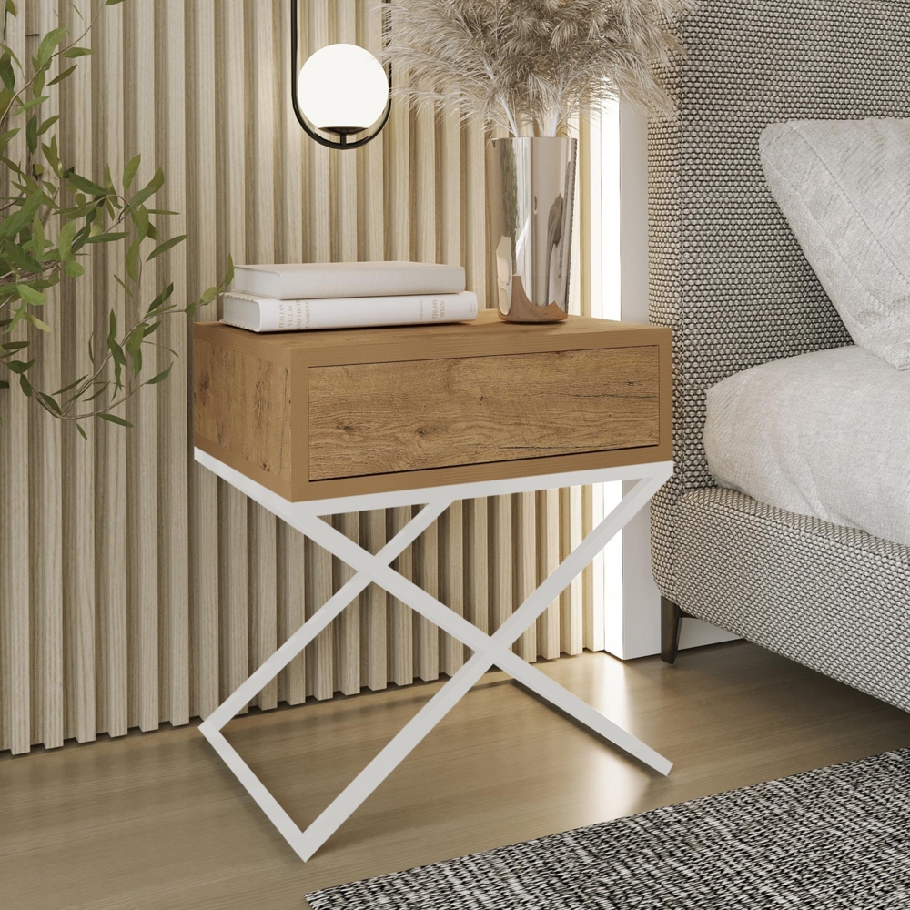 AX LIVING Nachttisch modern Aleio X 45 cm, Eiche Wotan, weißes Gestell Bild 1