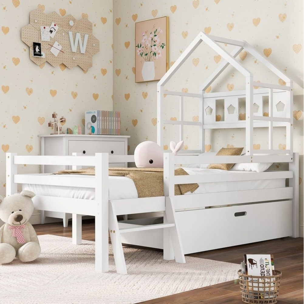 BlingBin Kinderbett Hausbett Hochbett mit Schubladen (1-tlg, mit Rausfallschutz und Leiter 90x200cm Weiß), inkl. Lattenrost, Kiefer-Massivholz Bild 1