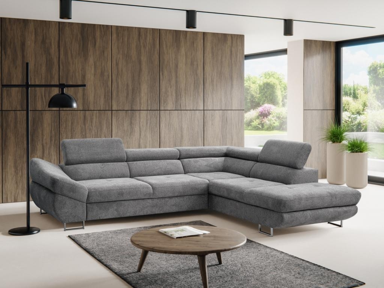 Vente-unique - Ecksofa mit Schlaffunktion - Ecke rechts - Strukturstoff - Grau - DALIAS Bild 1