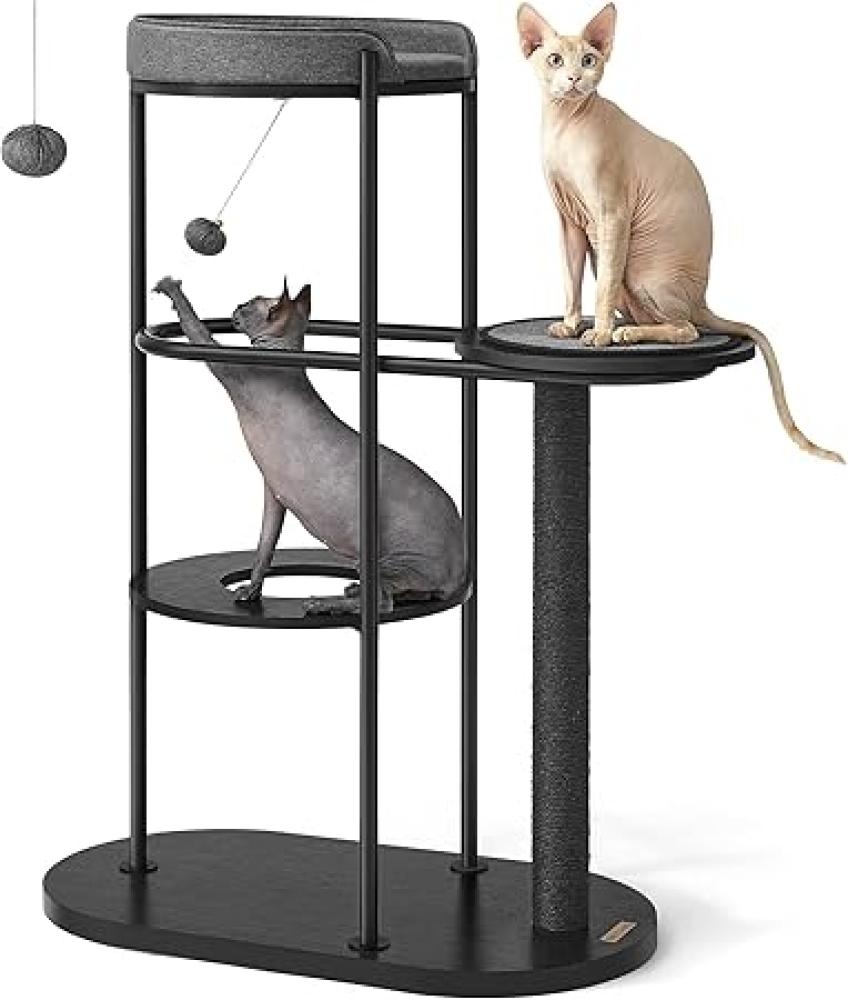 Feandrea Kratzbaum, modern, Katzenbaum, Metallrohre, mit Kissen und Plattform, Sisalstamm, Katzenspielball, 80 x 43 x 111 cm, für kleine, große, alte Katze, klassikschwarz Bild 1